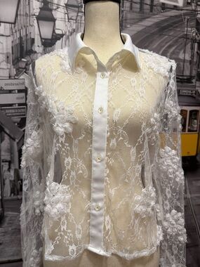 Sheer White Floral Lace Button-Up Blouse